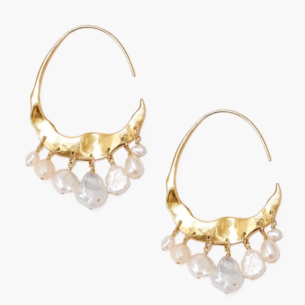 Crescent White Pearl and Gold Hoop Earrings